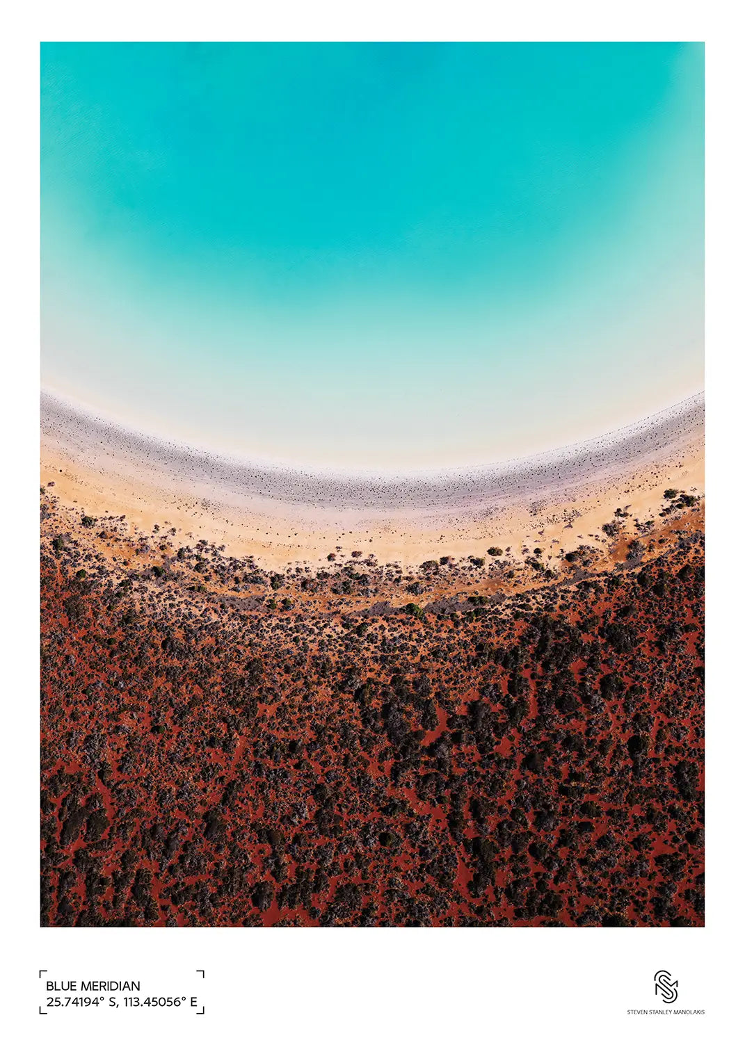 Poster of Blue Meridian, an aerial photograph showing the curved edge of a vivid blue lagoon in Shark Bay