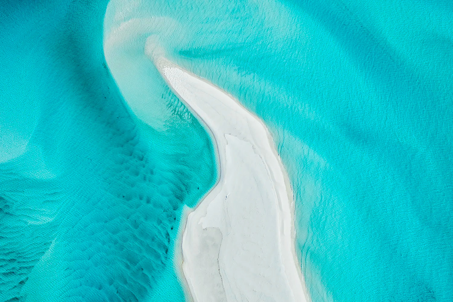 Fin – aerial photograph showing a white sandbar surrounded by blue water near Whitehaven Beach in the Whitsundays