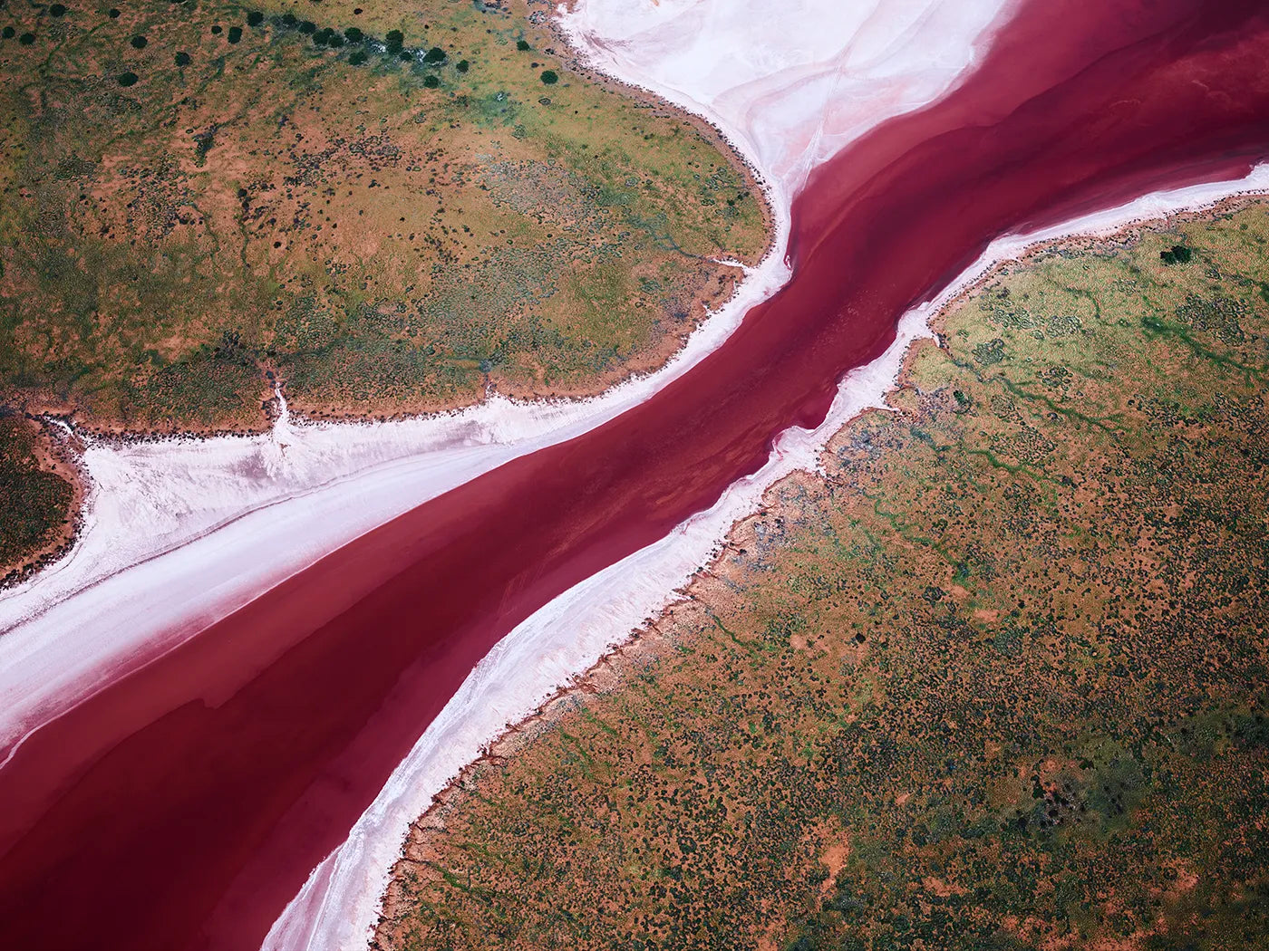 Merlot – aerial photograph showing a red stagnant river flowing between two islands near Exmouth, Western Australia