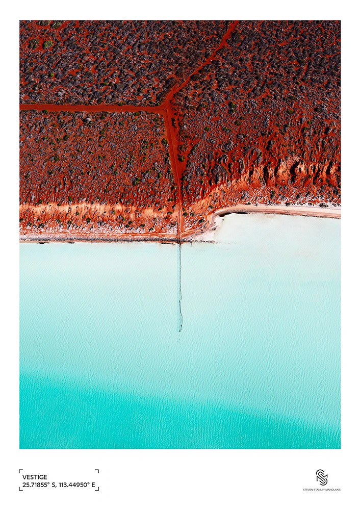 Vestige poster showing a weathered fence line fading into shallow lagoon waters in Shark Bay, Western Australia.