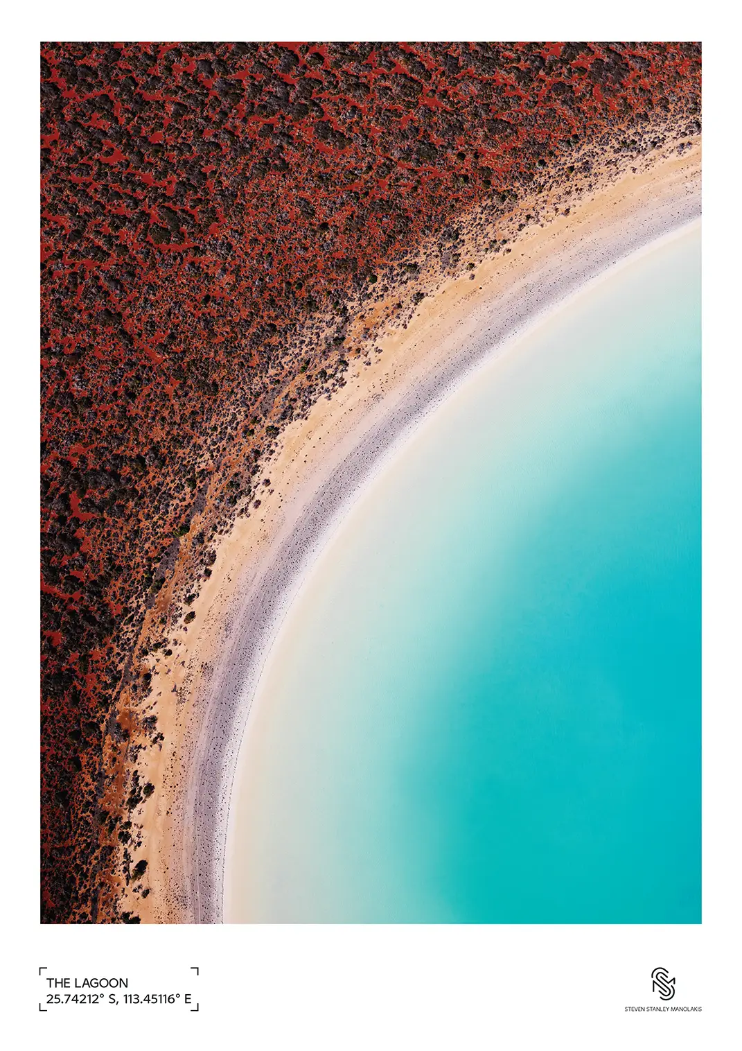 Fine art poster of The Lagoon, featuring the upper arc of a circular tidal lagoon meeting red sands in Shark Bay