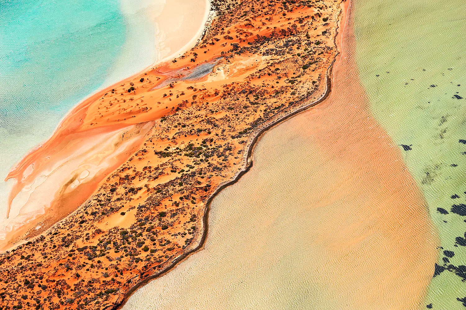 The Shimmer – aerial photograph by Steven Manolakis, showing an orange sand dune tapering into celadon waters in Shark Bay, Western Australia