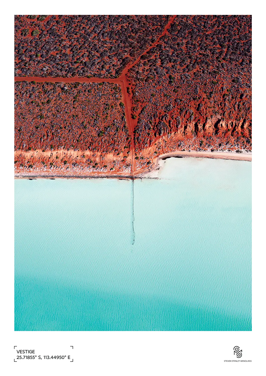 Fine art poster of Vestige, showing the remains of a fence line fading into the shallows of a lagoon